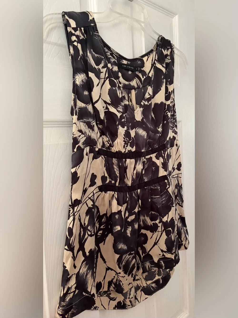 The Limited Black and Cream Floral V-Neck Silk Blouse